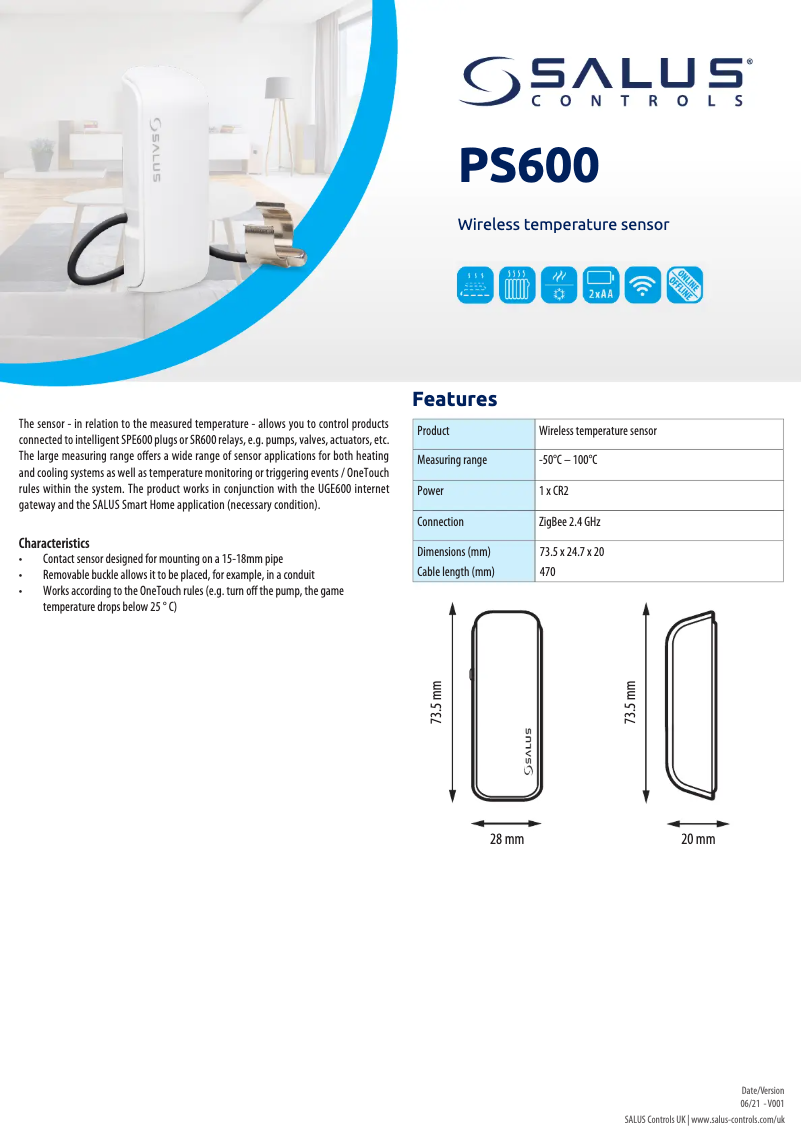 Página 1 del manual Ficha técnica Salus PS600