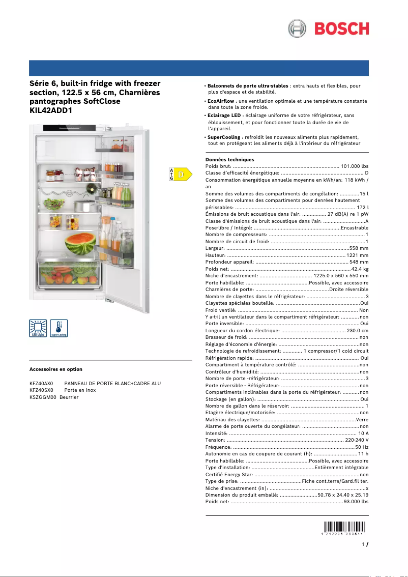 Page n°1 - Fiche technique Bosch KIL42ADD1