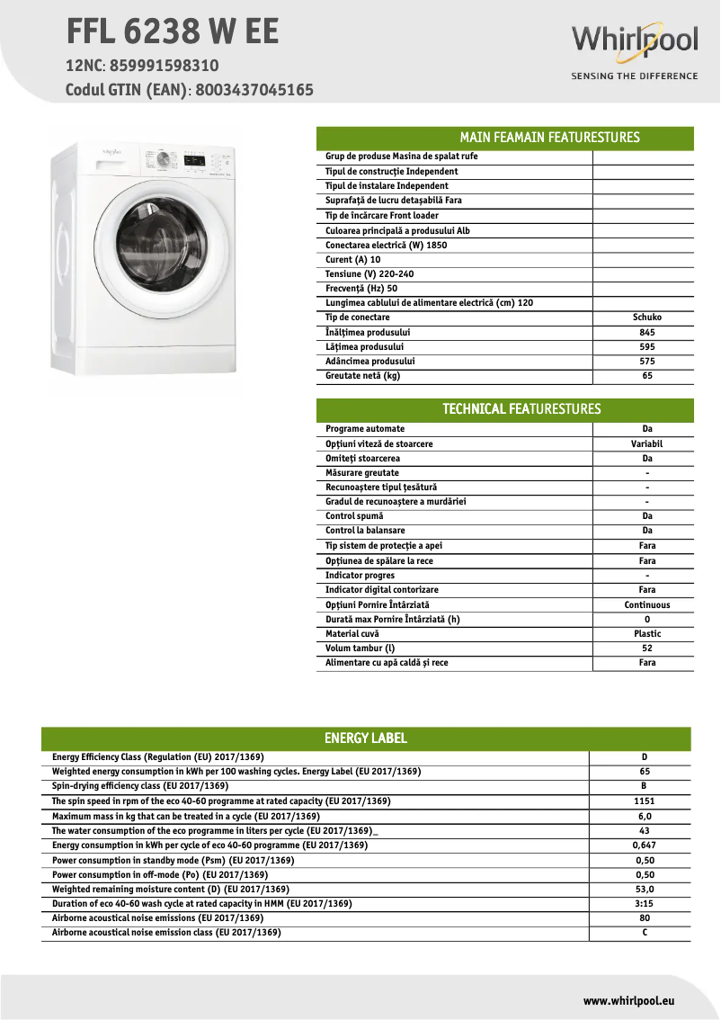 Page n°1 - Fiche technique Whirlpool FFL 6238 W EE