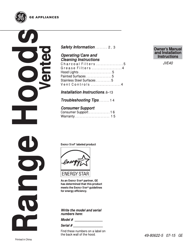 Page n°1 - Manuel d'utilisation et d'entretien GE JVE40DTWW