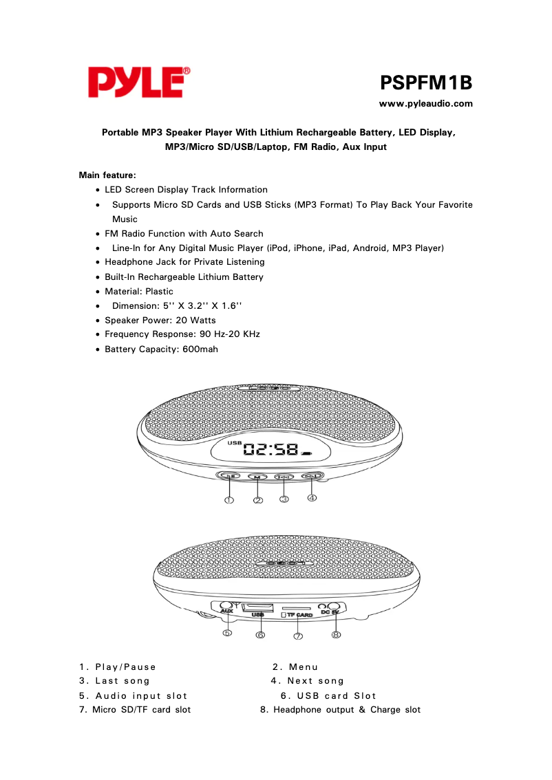 Page n°1 - Manuel utilisateur Pyle PSPFM1BL
