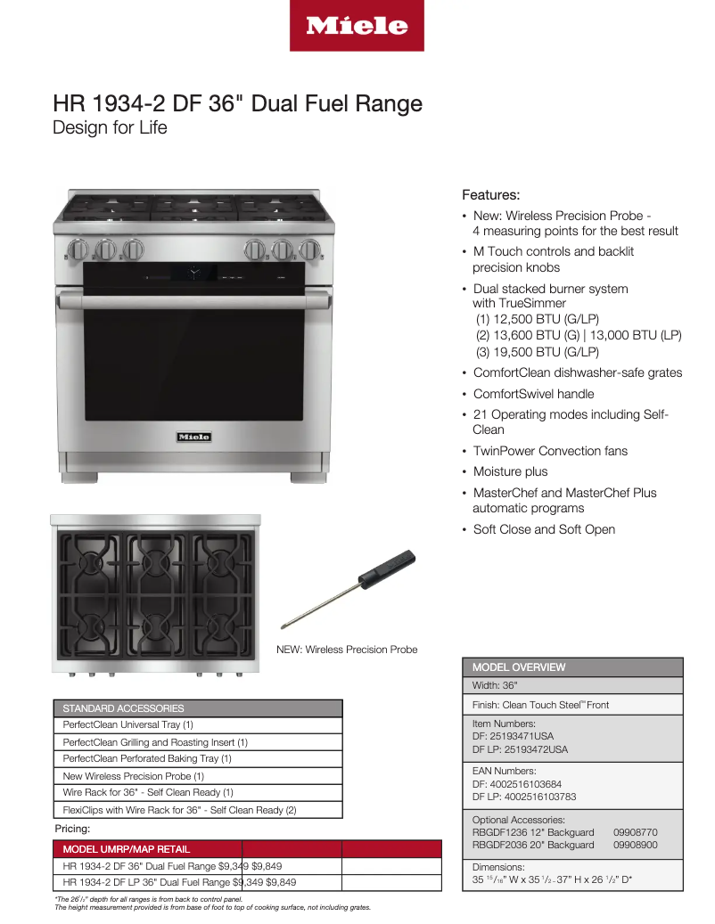 Page 1 de la notice Fiche technique Miele HR 1934-2 DF