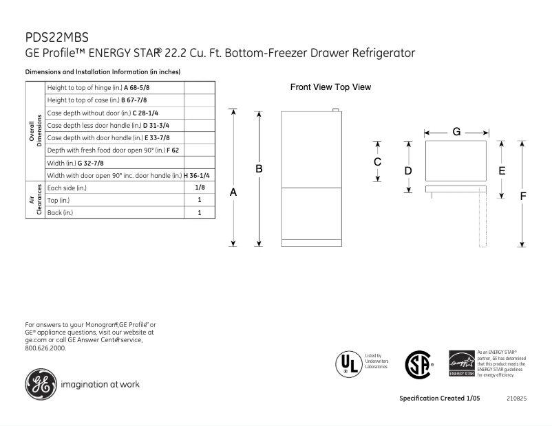 Page 1 de la notice Fiche technique GE Profile PDS22MBSCC