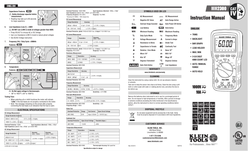 Page 1 de la notice Manuel utilisateur Klein Tools MM2300