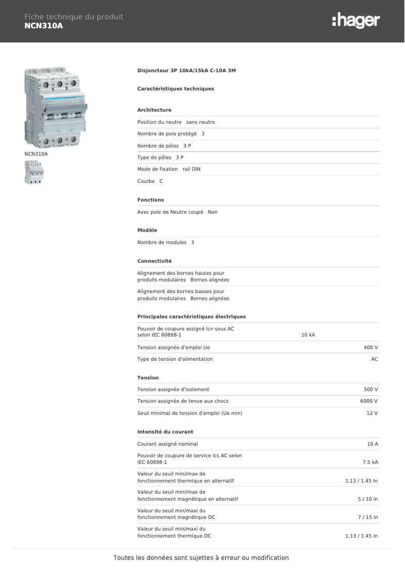 Page 1 de la notice Manuel utilisateur Hager NCN310A