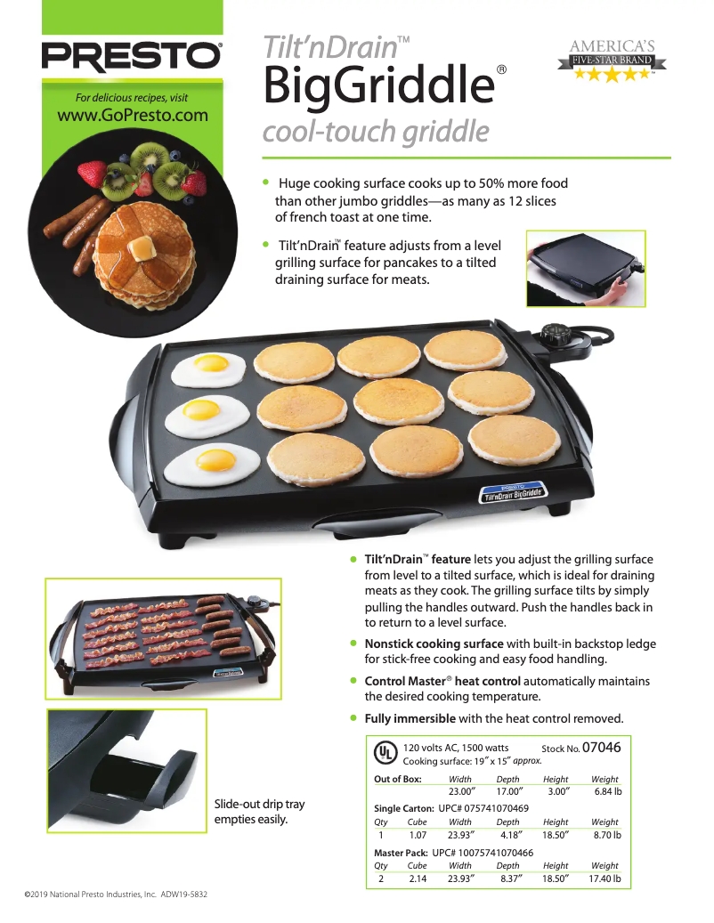 Page 1 de la notice Fiche technique Presto BigGriddle 07046