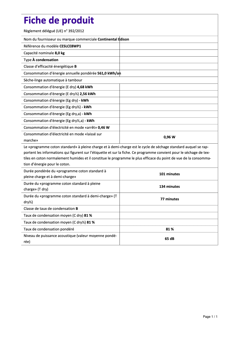 Page 1 de la notice Label énergétique Continental Edison CESLCE8WP1