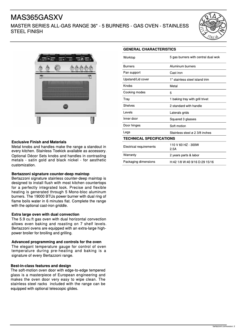 Page 1 de la notice Fiche technique Bertazzoni MAS365GASXV