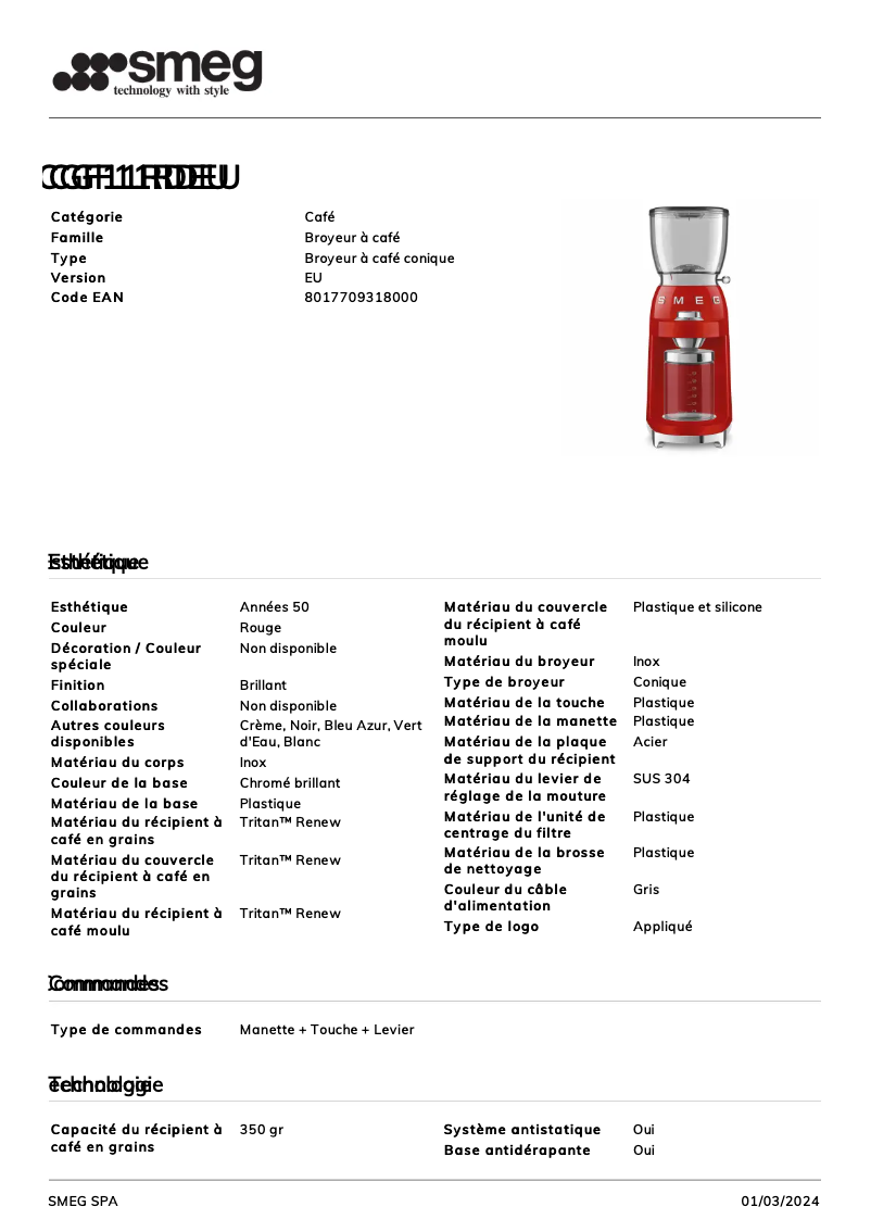 Page 1 de la notice Fiche technique Smeg CGF11