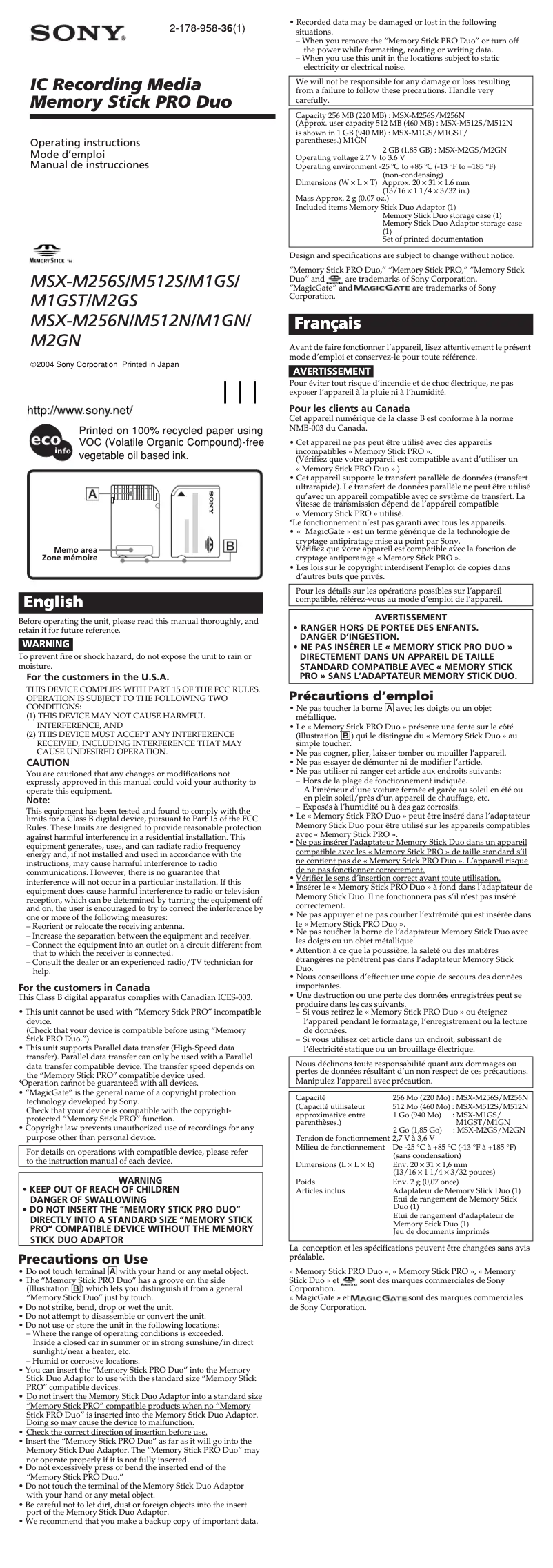 Page 1 de la notice Manuel utilisateur Sony MSX-M1GN