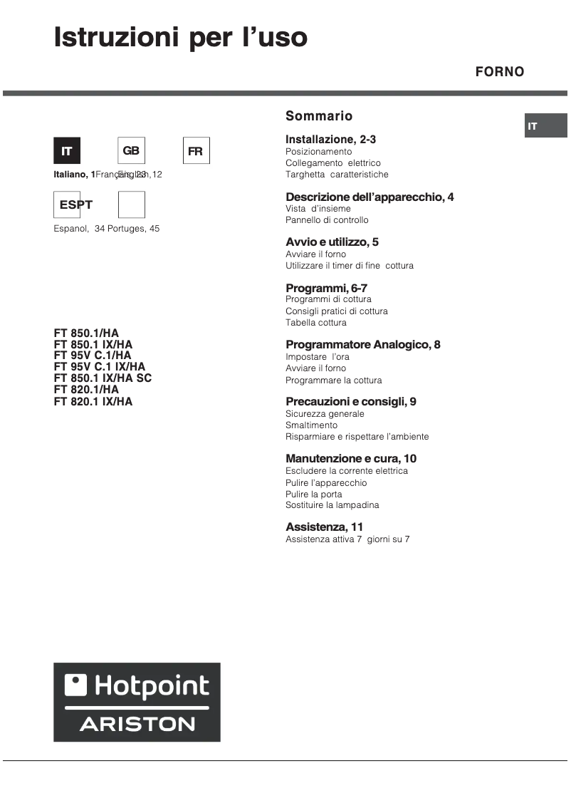 Page 1 de la notice Manuel utilisateur Hotpoint Ariston FT 820.1 AV/HA