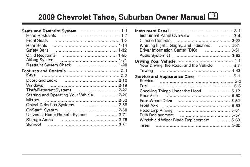 Page 1 de la notice Manuel utilisateur Chevrolet Tahoe (2009)