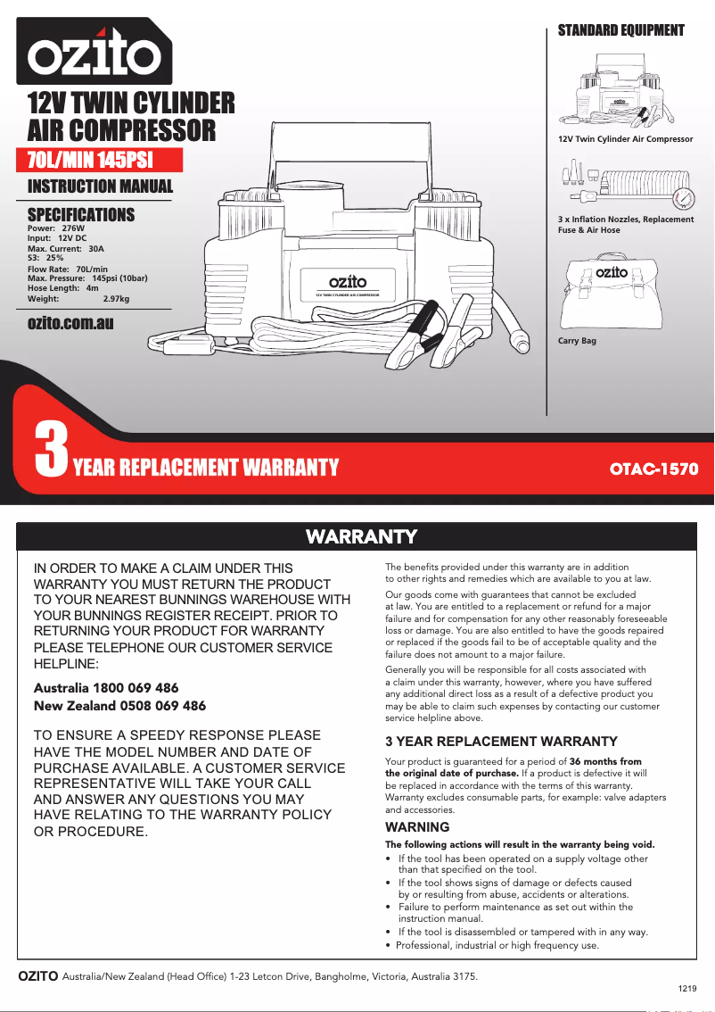 Page 1 de la notice Manuel utilisateur Ozito OTAC-1570