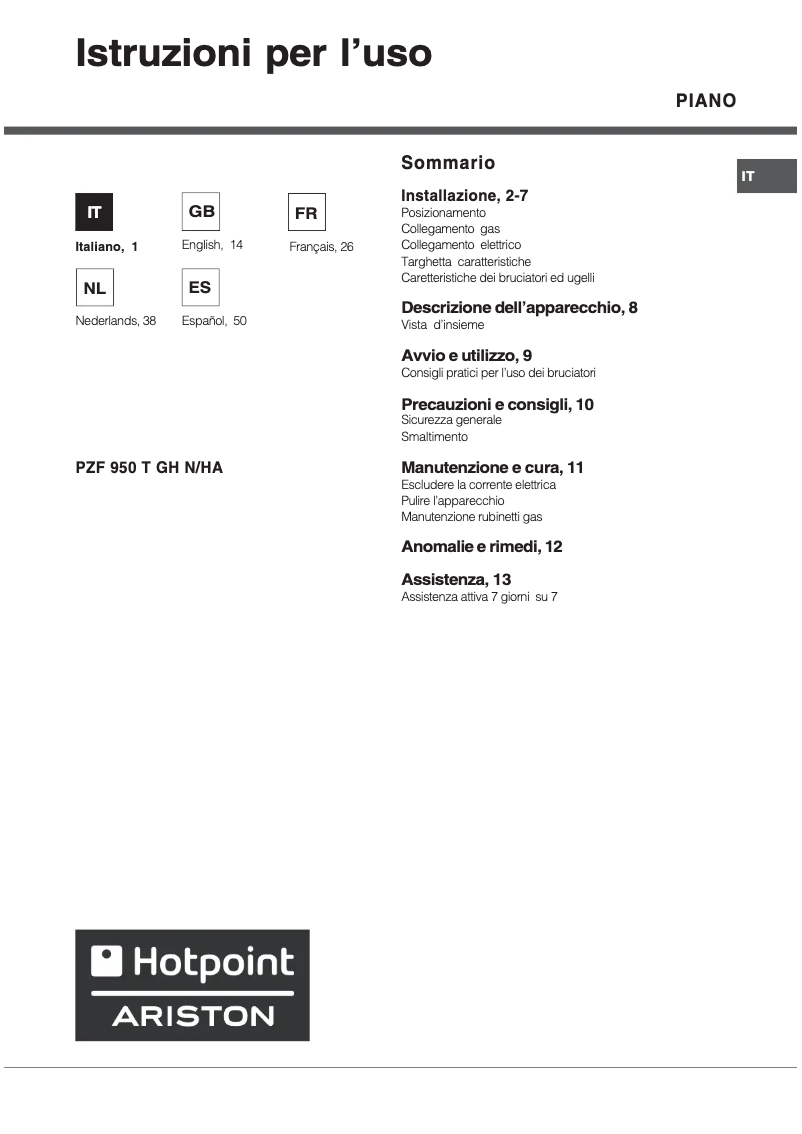 Page 1 de la notice Manuel utilisateur Hotpoint Ariston PZF 950 T GH N /HA