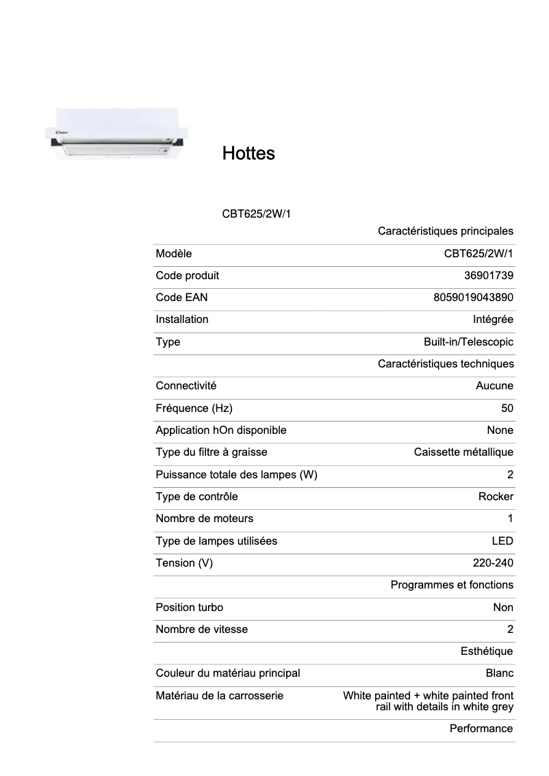 Page 1 de la notice Fiche technique Candy CBT625/2W/1