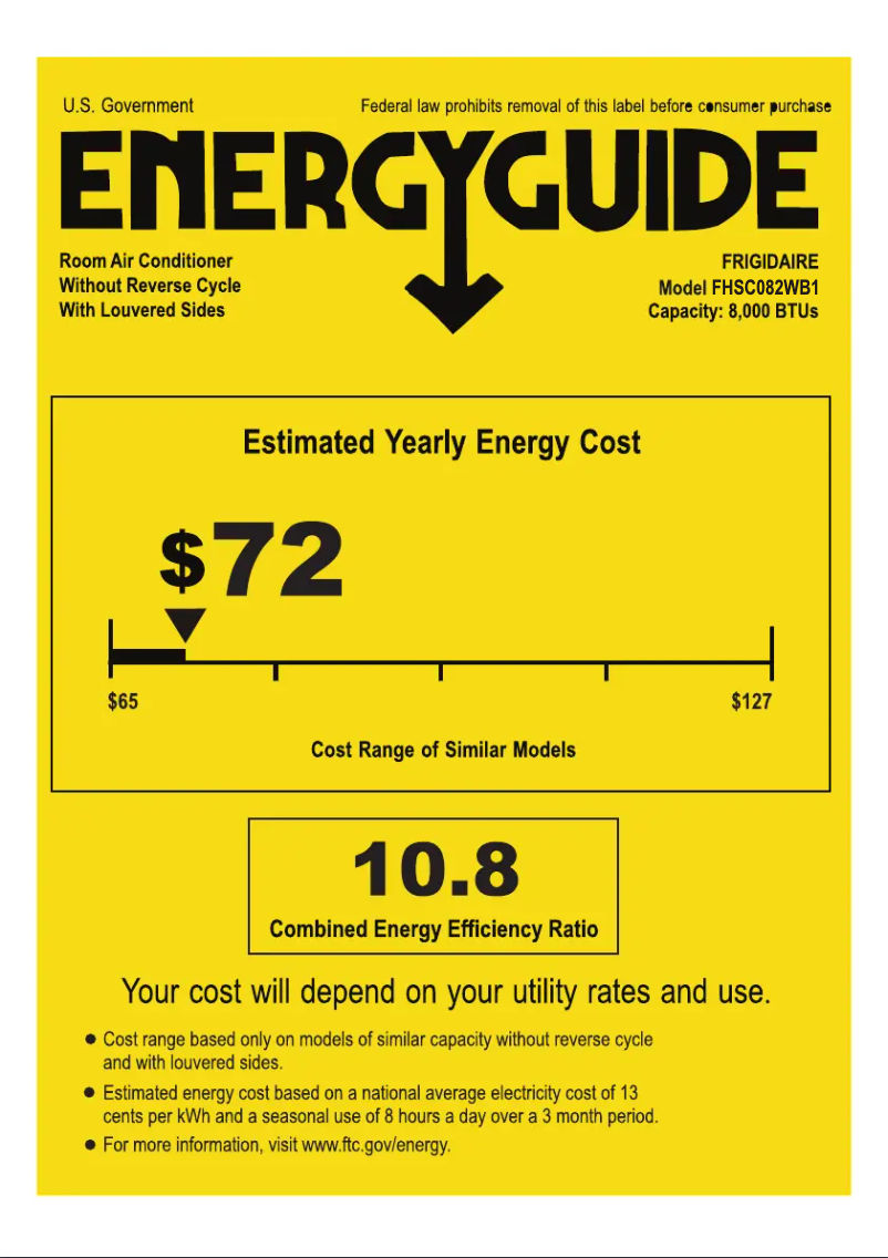 Page 1 de la notice Label énergétique Frigidaire FHSC082WB1