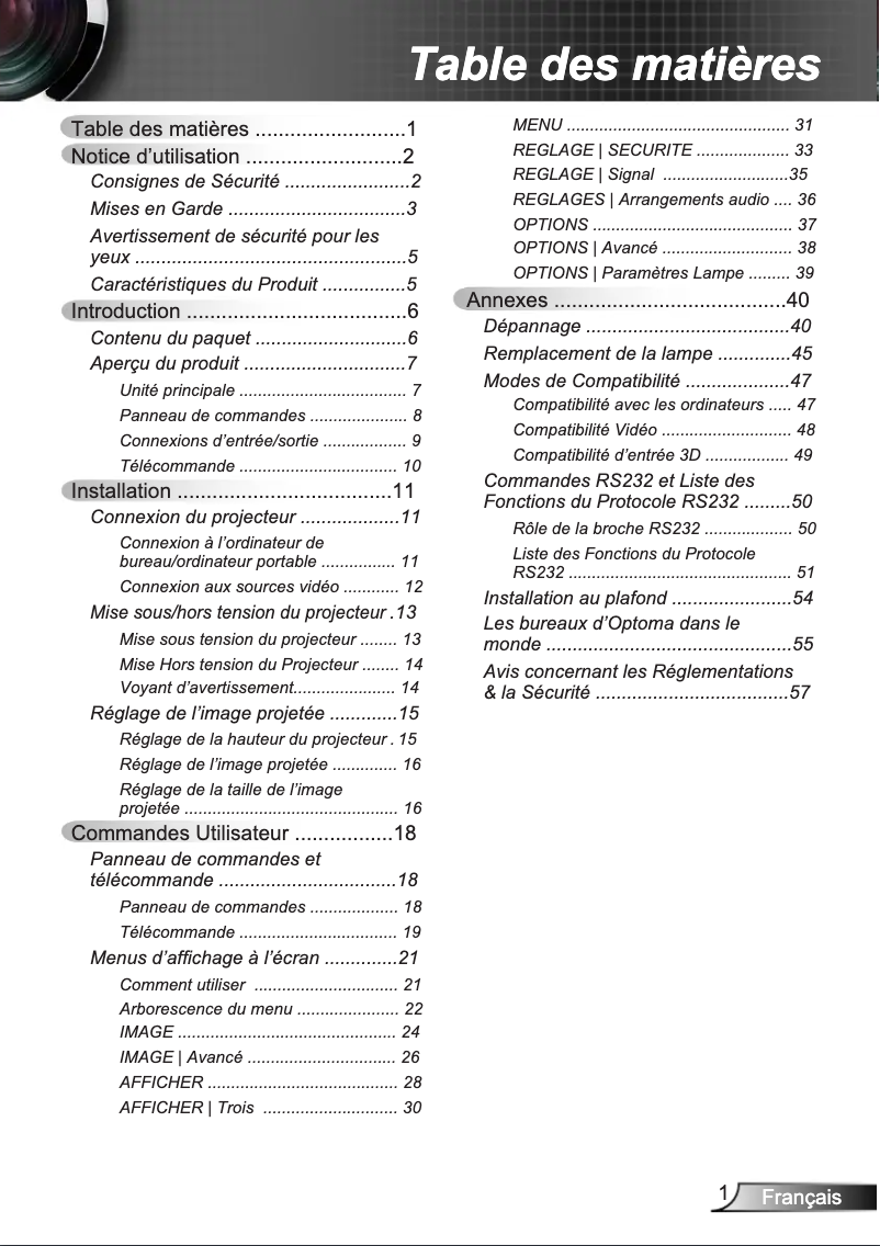 Page 1 de la notice Manuel utilisateur Optoma GT750