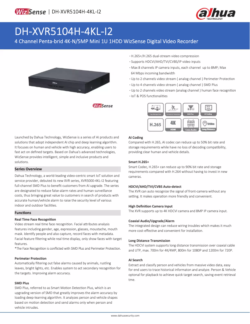 Page n°1 - Fiche technique Dahua Technology XVR5104H-4KL-I2