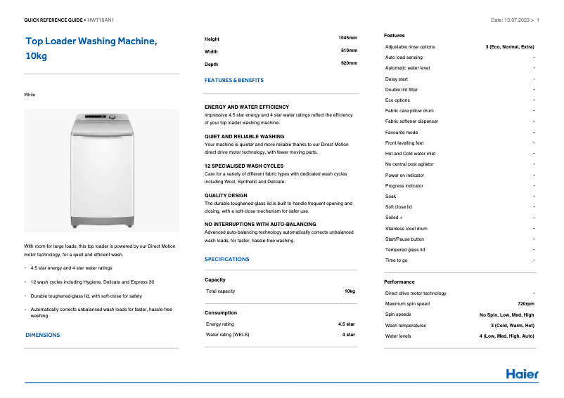 Page 1 de la notice Label énergétique Haier HWT10AN1
