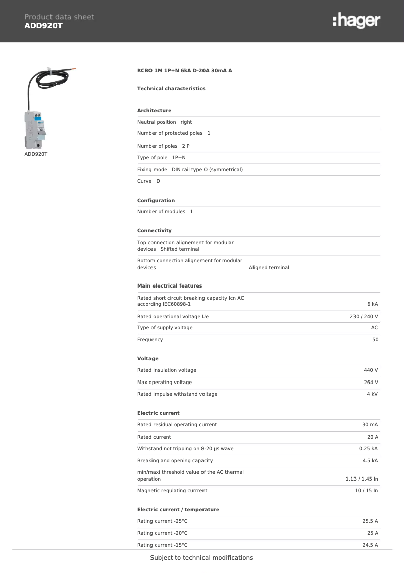 Page n°1 - Fiche technique Hager ADD920T