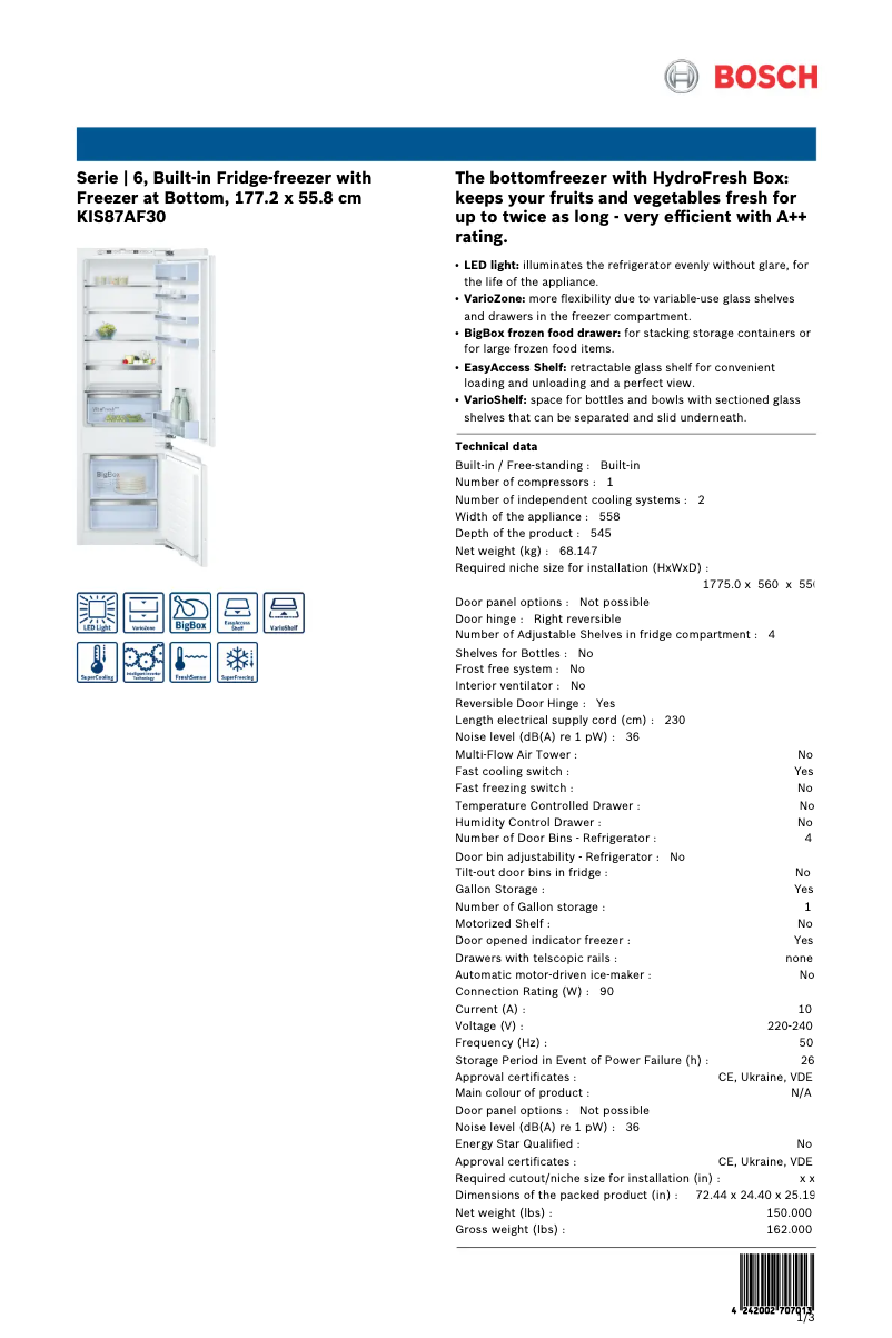 Page n°1 - Fiche technique Bosch KIS87AF30
