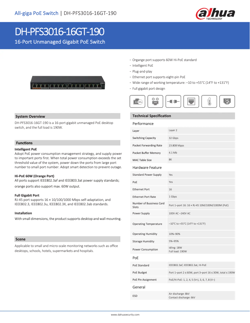 Page 1 de la notice Fiche technique Dahua Technology PFS3016-16GT-190