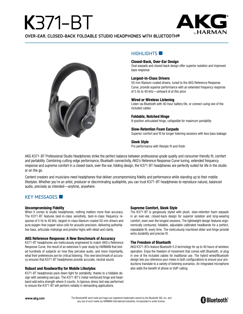 Page n°1 - Fiche technique AKG K371-BT