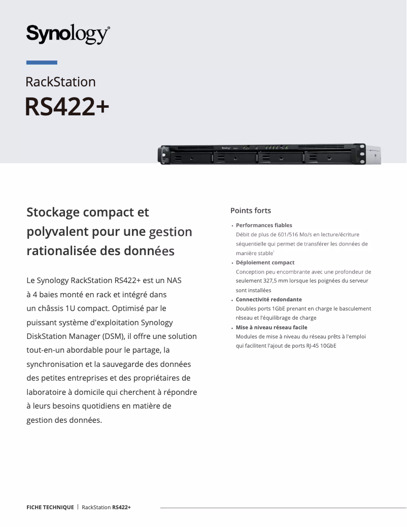 Page 1 de la notice Fiche technique Synology RackStation RS422+