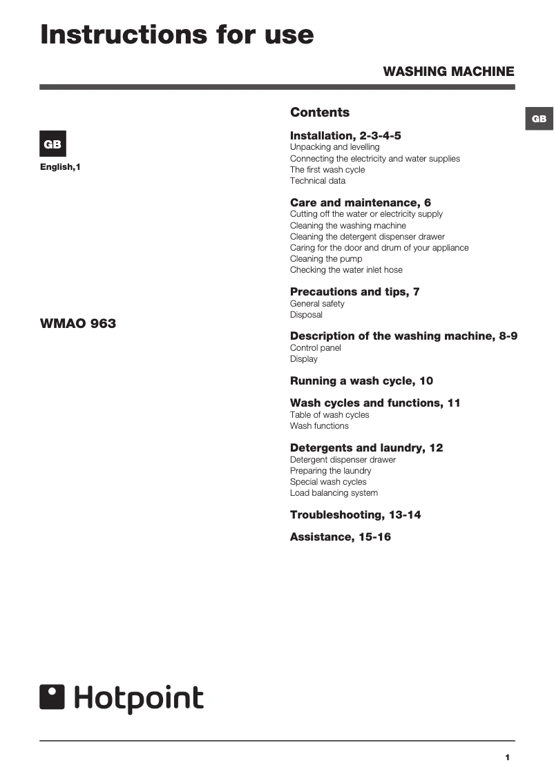 Page 1 de la notice Manuel utilisateur Hotpoint WMAO 963