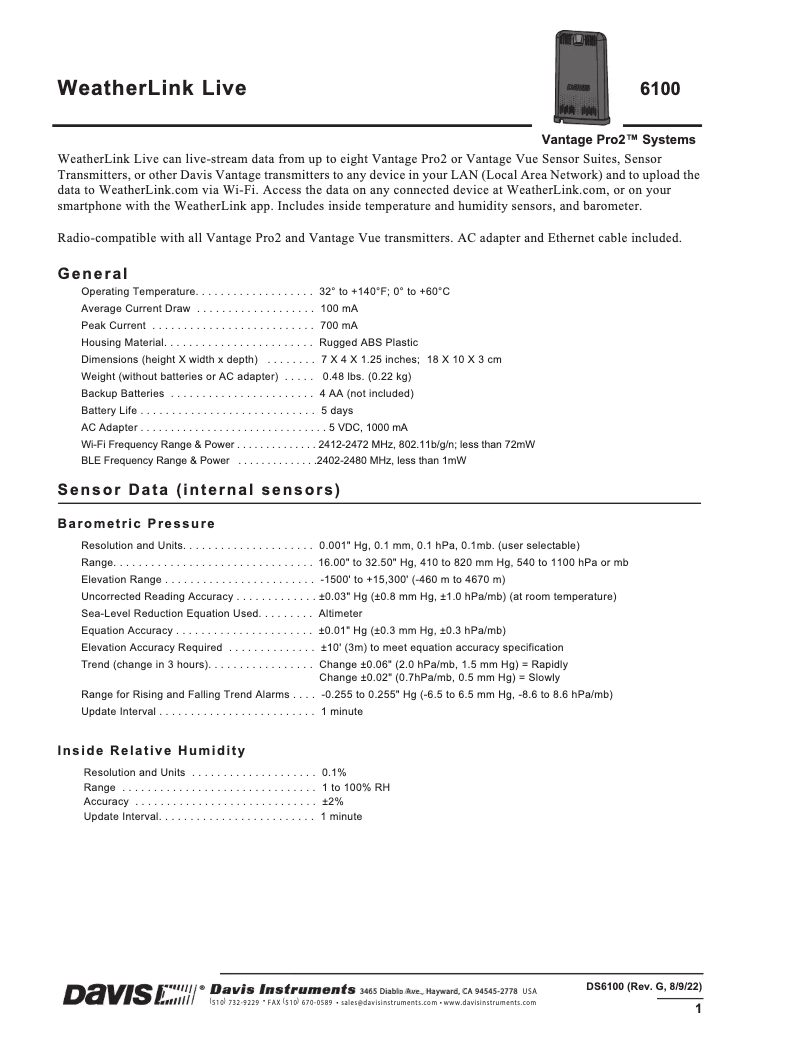 Page 1 de la notice Fiche technique Davis DAV-6100