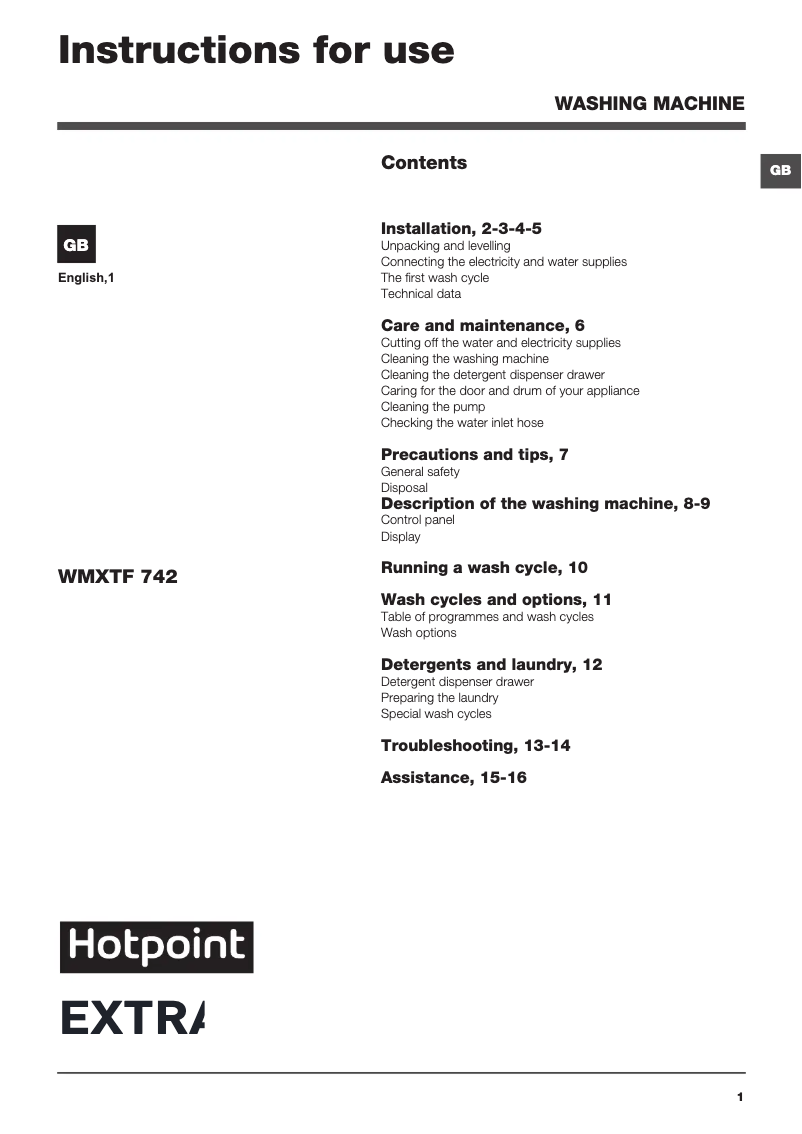 Page 1 de la notice Manuel utilisateur Hotpoint WMXTF 742G UK