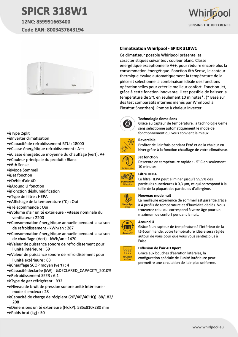Page 1 de la notice Fiche technique Whirlpool SPICR 318W1