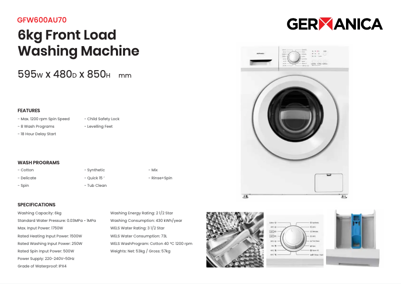 Page 1 de la notice Fiche technique Germanica GFW600AU70
