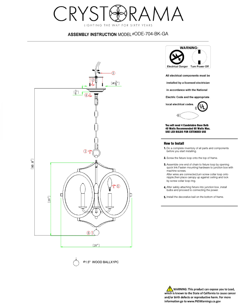 Page 1 de la notice Manuel utilisateur Crystorama Odelle ODE-704-BK-GA