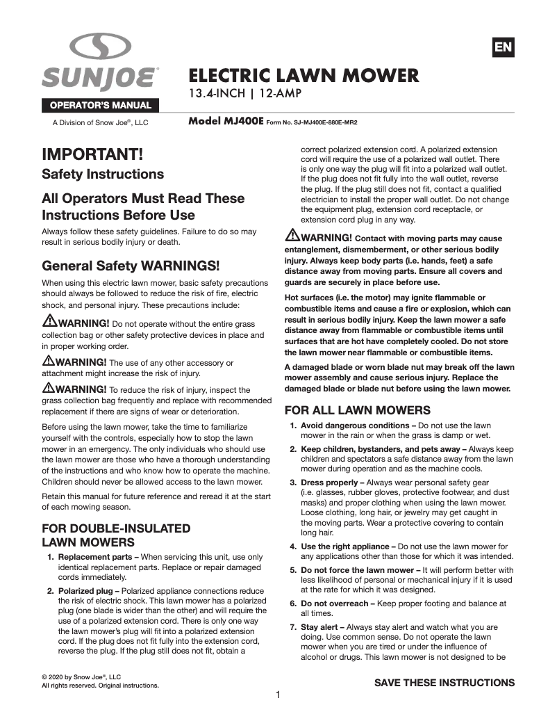 Page n°1 - Manuel utilisateur Sun Joe MJ400E