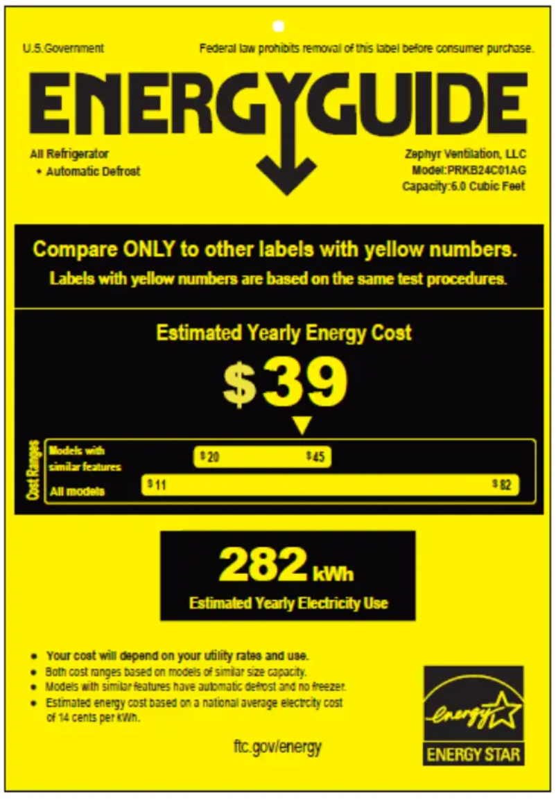Page 1 de la notice Label énergétique Zephyr Presrv PRKB24C01AG