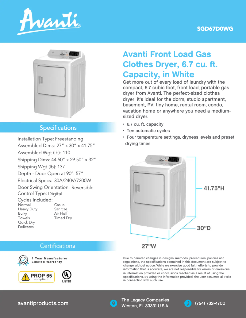 Page n°1 - Fiche technique Avanti SGD67D0WG