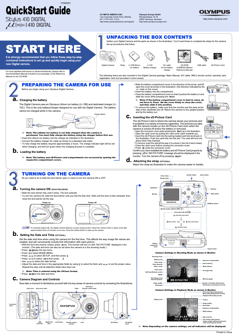 Page 1 de la notice Guide de démarrage rapide Olympus µ 410 Digital