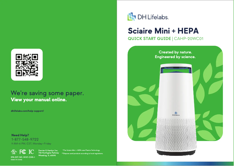 Page 1 de la notice Guide de démarrage rapide DH Lifelabs Sciaire Mini CAHP-20WC01C