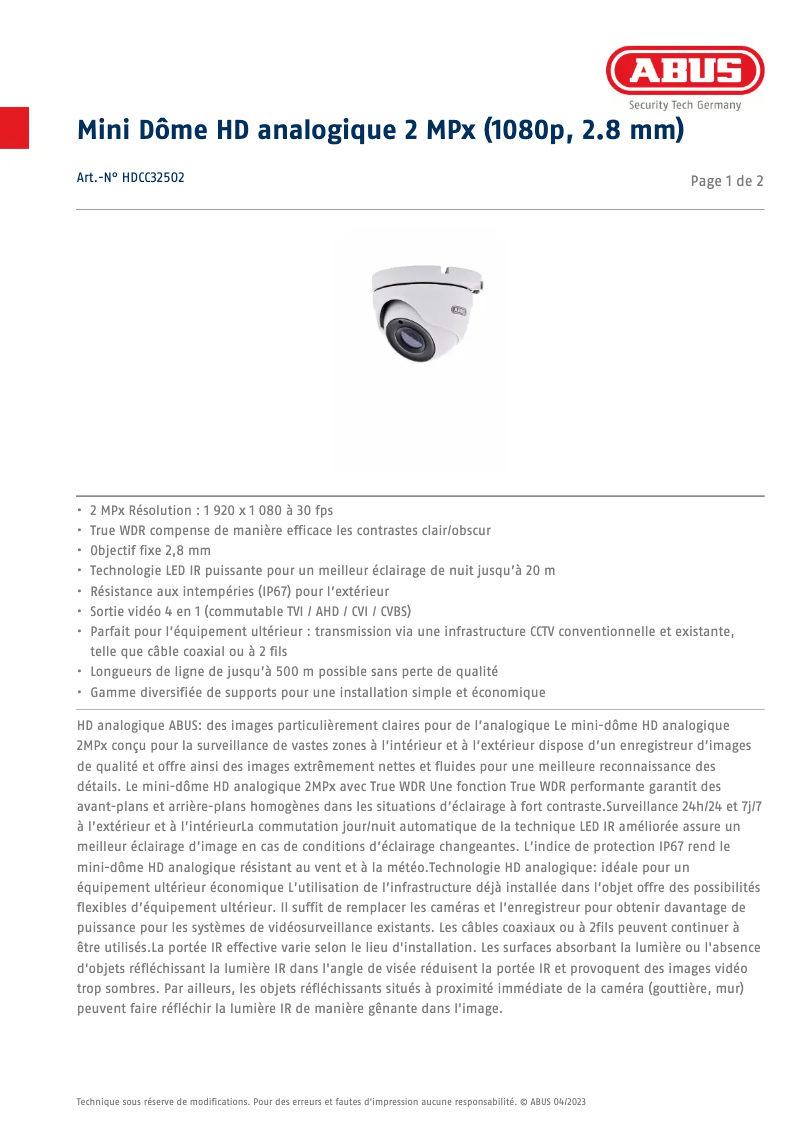 Page n°1 - Fiche technique Abus HDCC32502