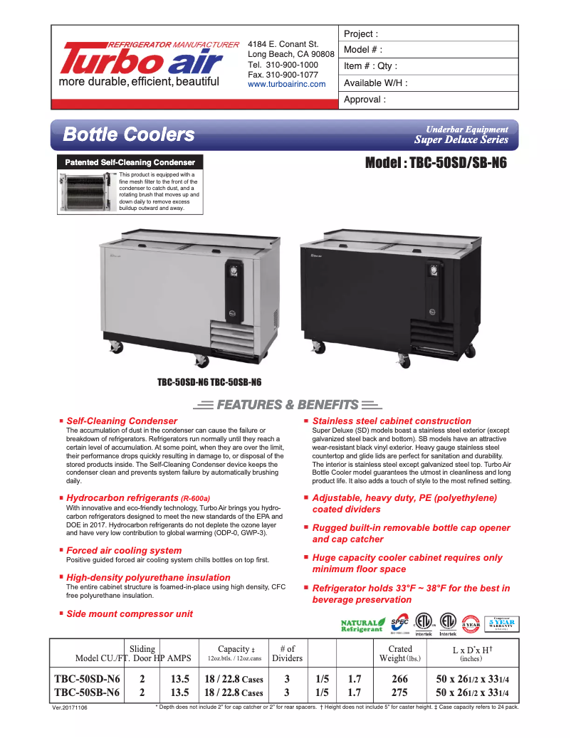 Page 1 de la notice Fiche technique Turbo air TBC-50SB