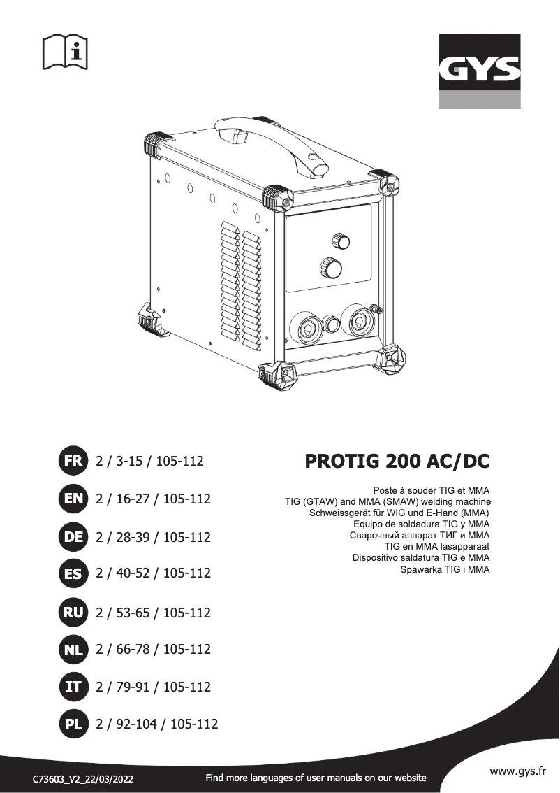 Page 1 de la notice Manuel utilisateur GYS Protig 200 AC/DC