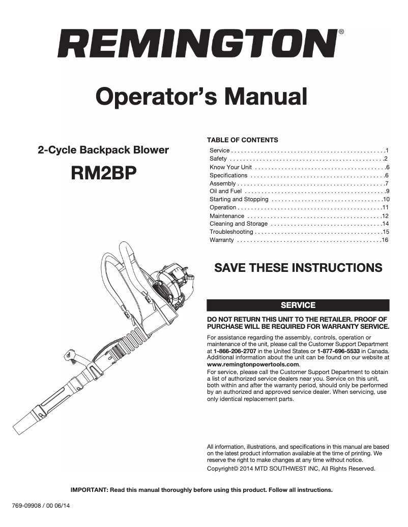 Página 1 del manual Manual de usuario Remington Slinger RM2BP
