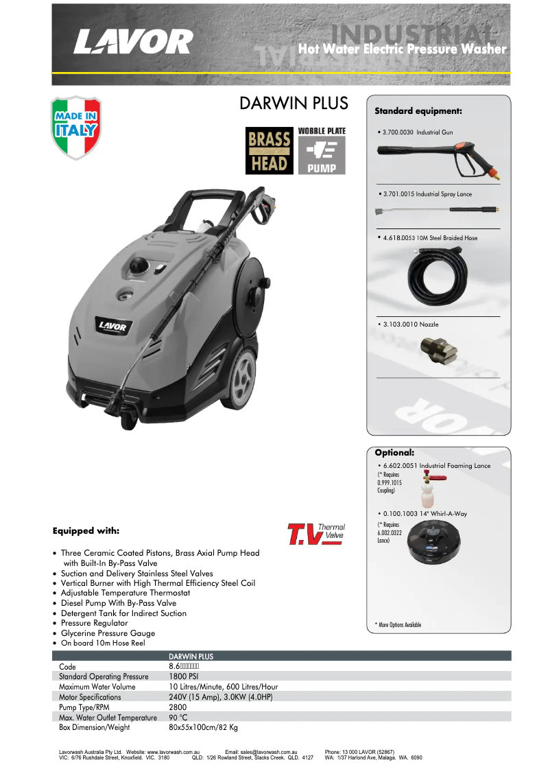 Page 1 de la notice Fiche technique Lavorwash Darwin Plus 1310XP