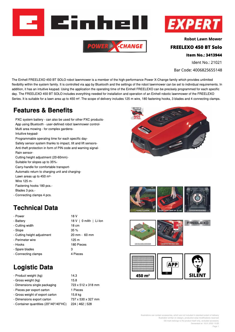 Página 1 del manual Ficha técnica Einhell FREELEXO 450 BT