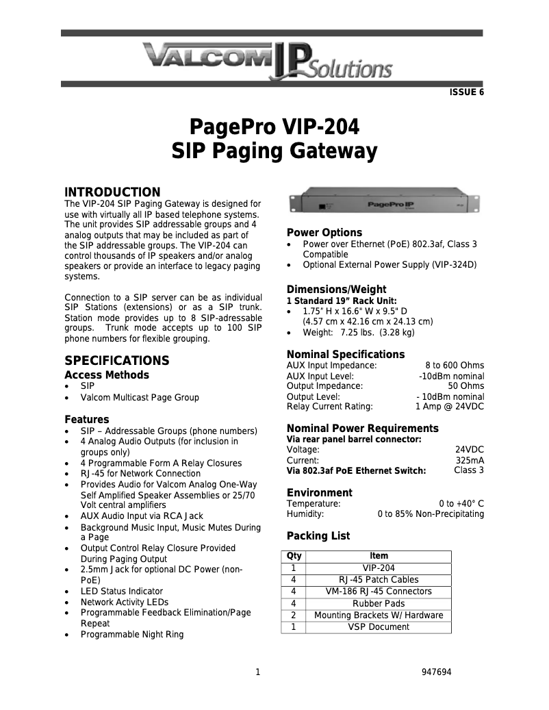 Página 1 del manual Manual de usuario Valcom PagePro SIP VIP-204