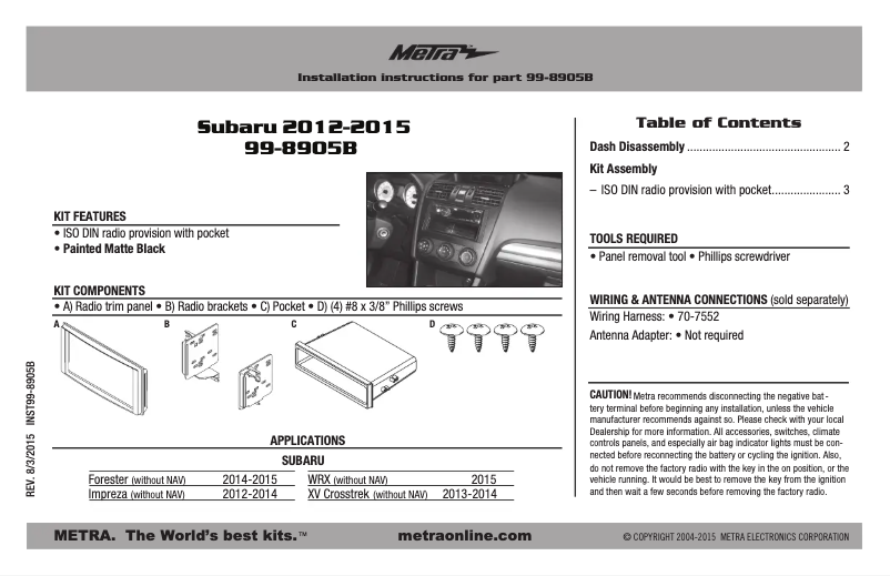 Page n°1 - Manuel utilisateur Metra 99-8905B