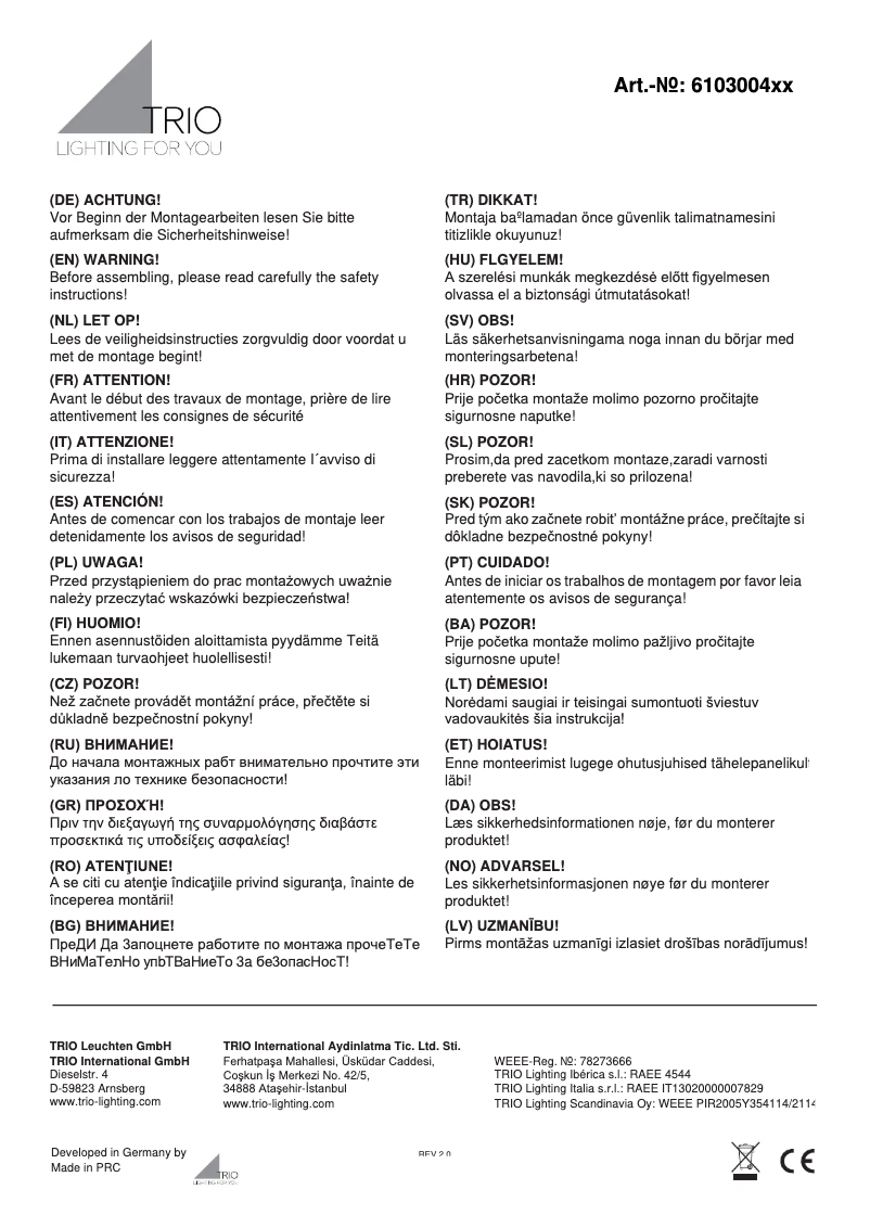 Page n°1 - Manuel utilisateur Trio Lighting Napoli 610300406