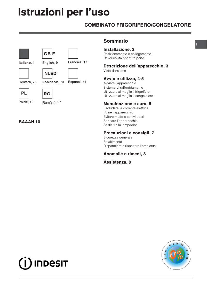 Page 1 de la notice Manuel utilisateur Indesit BAAAN 10