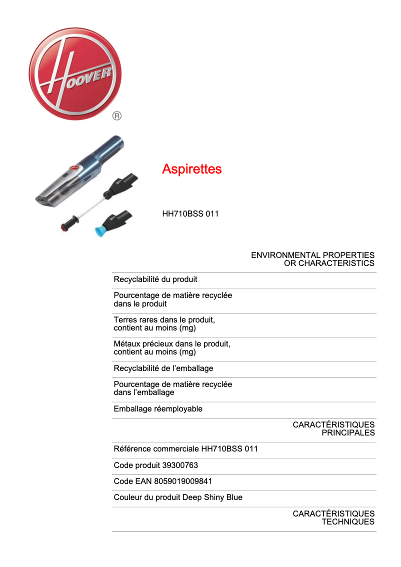 Page 1 de la notice Fiche technique Hoover H-HANDY 700 HH710BSS 011